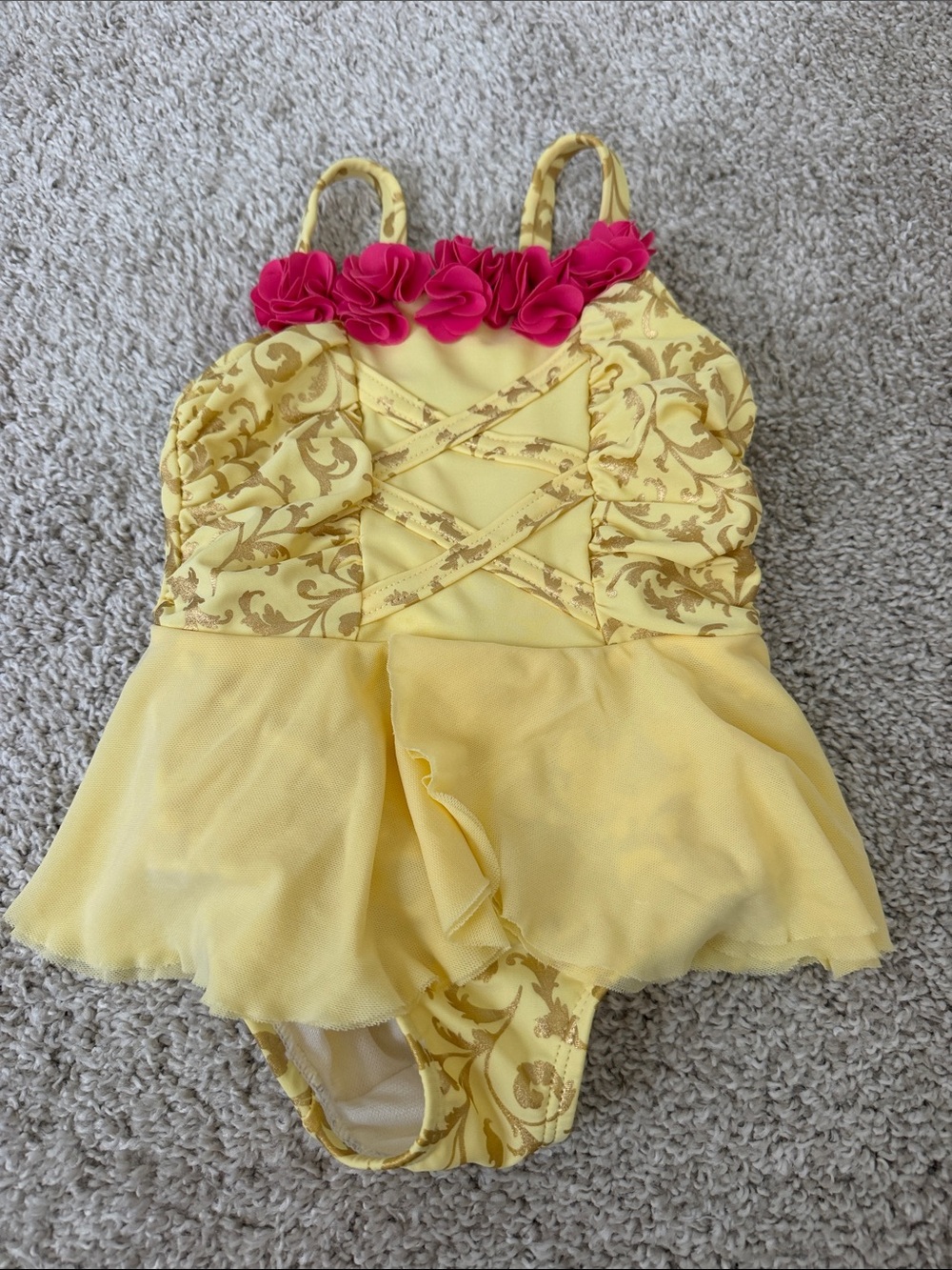 Yellow Floral Skirted Kids Costume Swimsuit with Pink Flower Trim